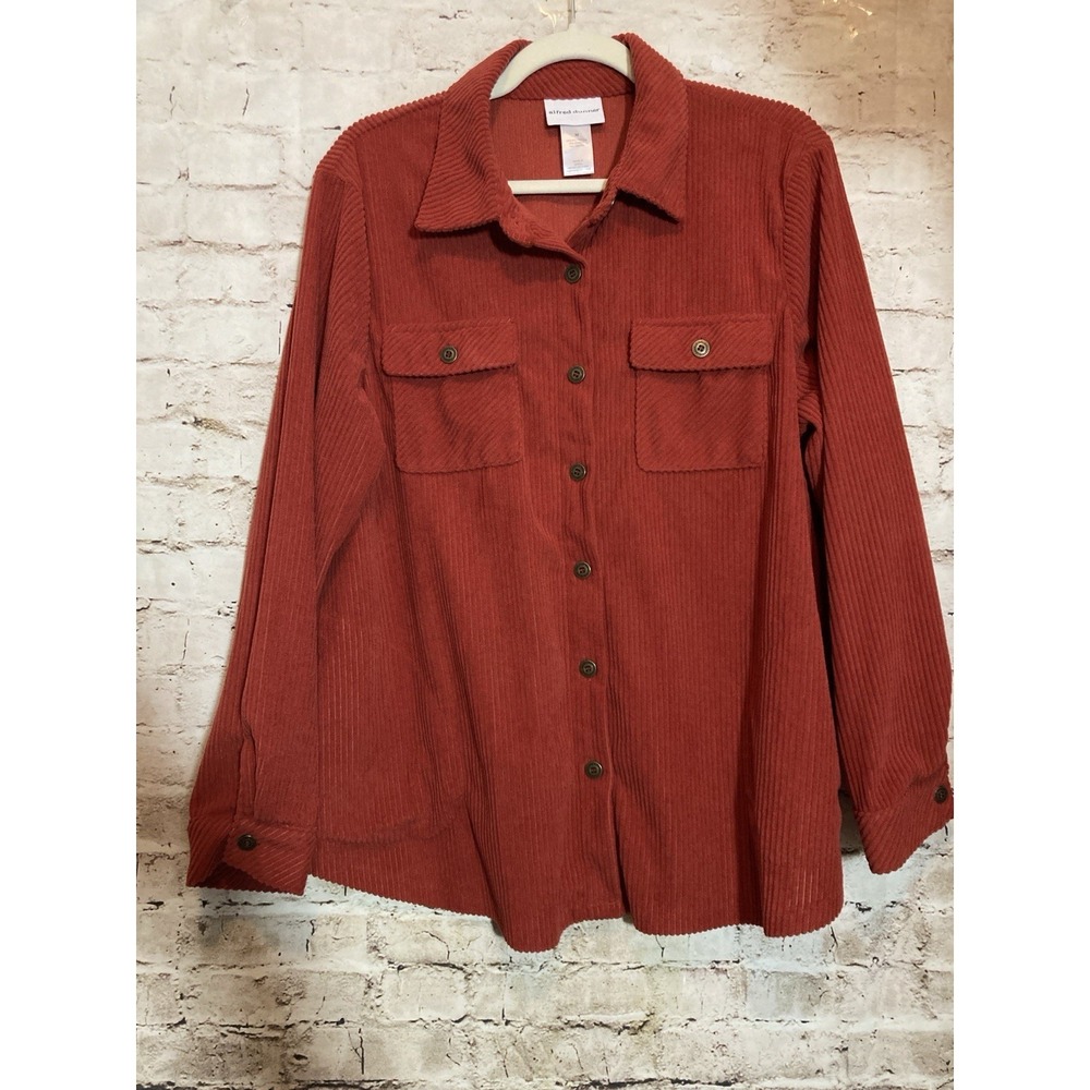 Alfred Dunner Shirt Medium Rust Red Brushed Corduroy Button Up Shacket Pockets